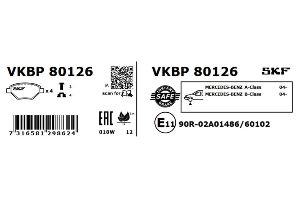 Jeu de 4 plaquettes de frein SKF ref. VKBP 80126